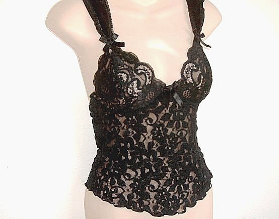 Vintage Bra Camisole Cami ESCANTE Black lace slip bustier- M
