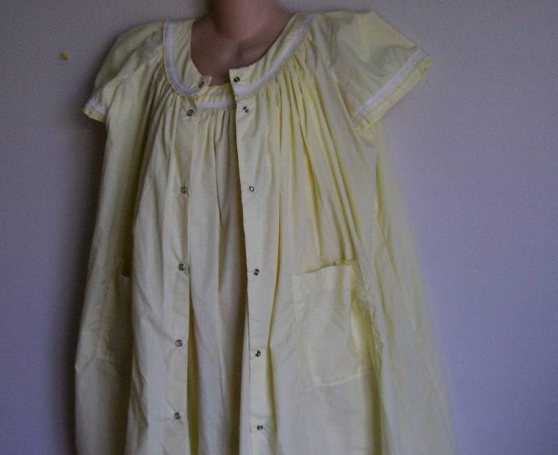 Vintage Nightgown Robe Peignoir set yellow summer cotton L XL