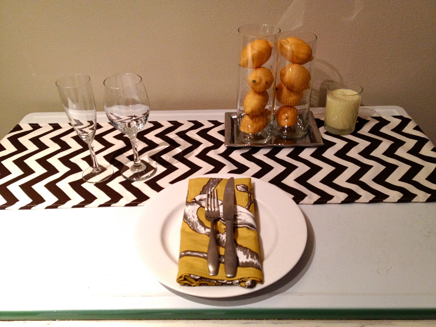 Table runner, Chevron print, available in 5 different colors. Measures 13" x 72". Modern, eco friendly, cute.