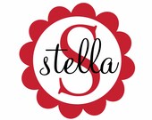 Name and Initial Vinyl Wall Decal - Round Scallop Border Circle Decal with Monogram for Girl Baby Nursery or Room Decal 22Hx22W FS0190