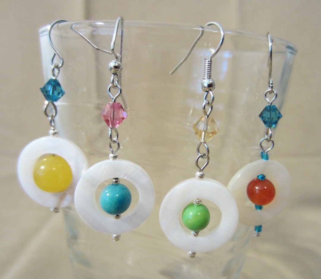 Mother of Pearl Ring, Semi Precious Bead & Crystal Dangle Earrings