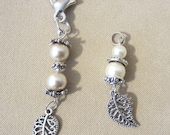 Glass Pearl Add a Charm / Purse Charm / Zipper Pull / Cell Phone Charm with Silver Leaf
