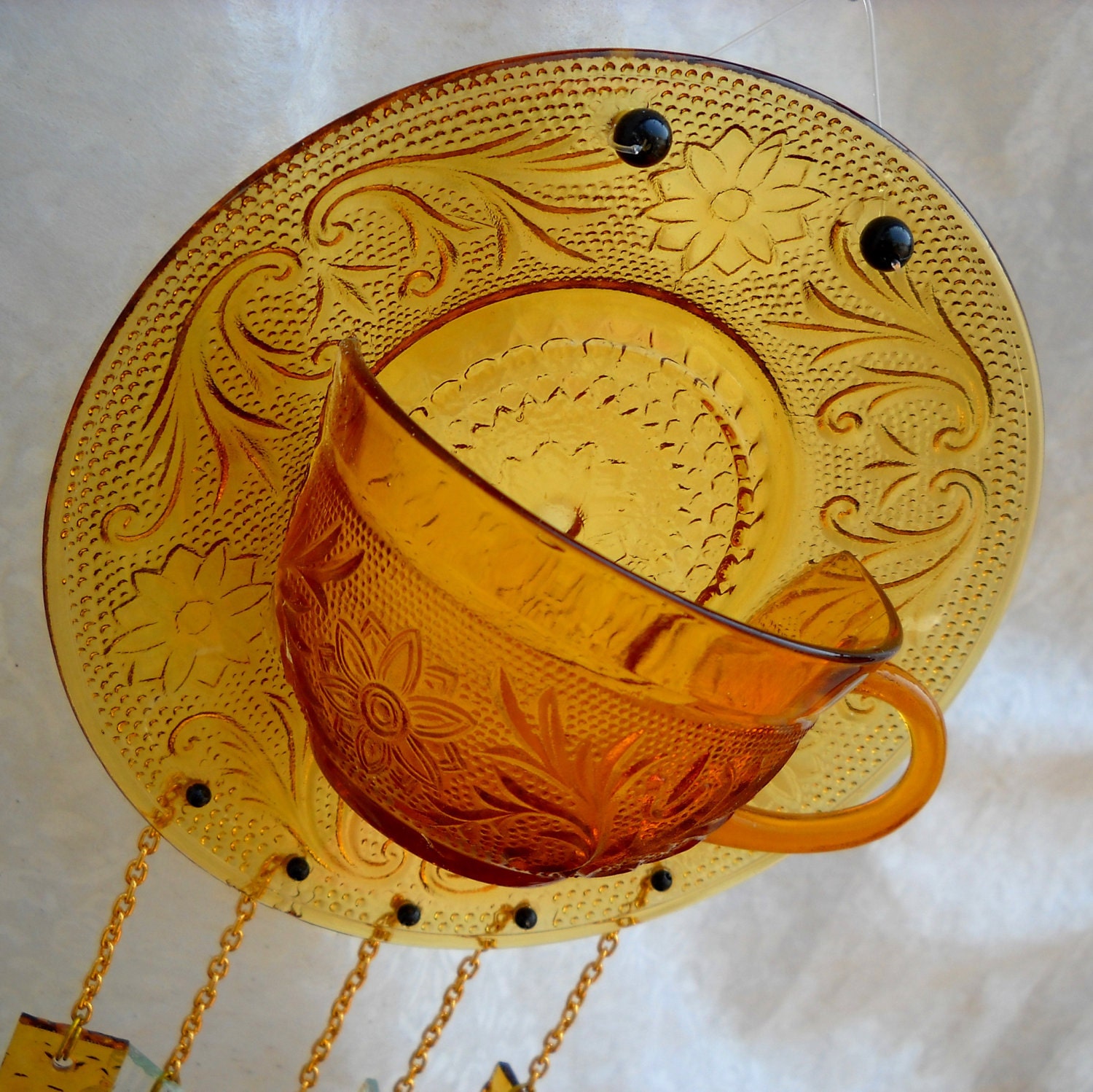 Sandwich Glass Tea Cup Wind Chime -- Depression Glass Yard Garden Art with Glass Chimes