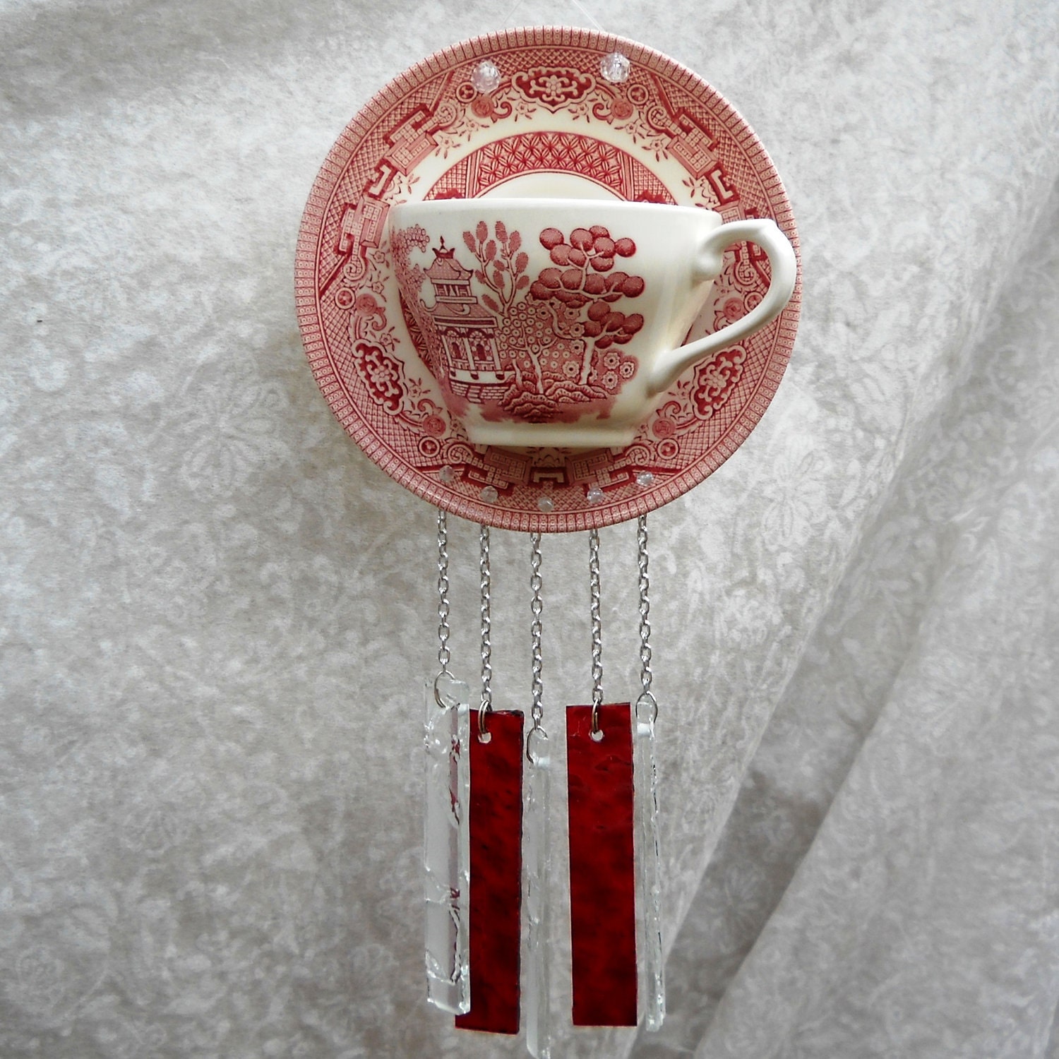 Vintage Red Transferware Stained Glass Suncatcher Wind Chime