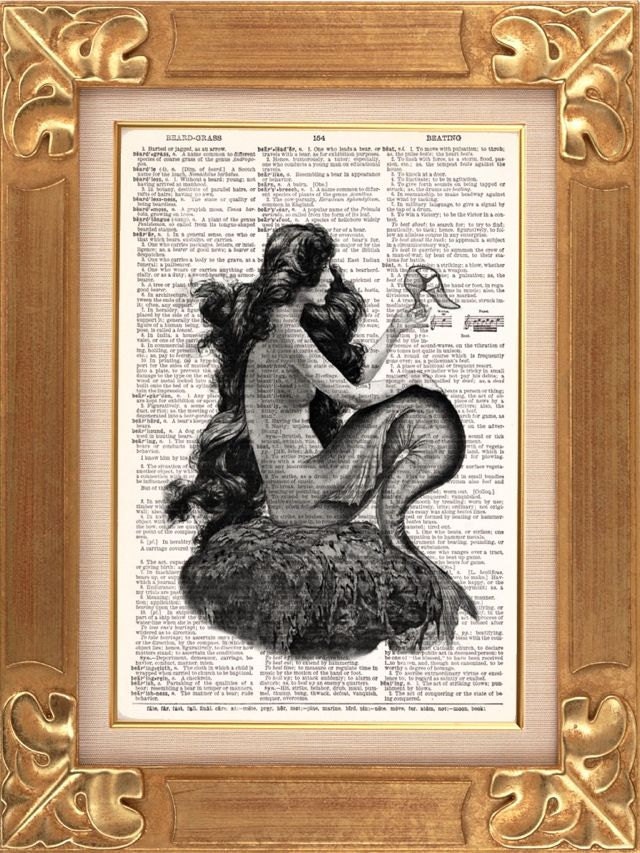 Mermaid With Cinderella Slipper -  Vintage Dictionary Print Vintage Book Print Page Art Upcycled Vintage Book Art