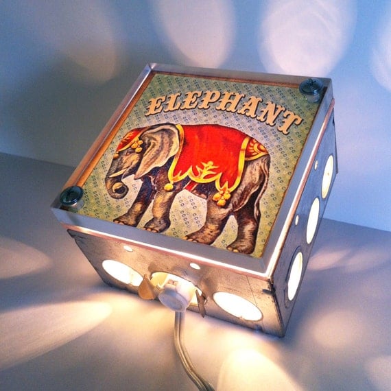 Circus Elephant - Nursery Night Light - Vintage Dictionary Print Design Repurposed Upcycled Light Box Night Lights