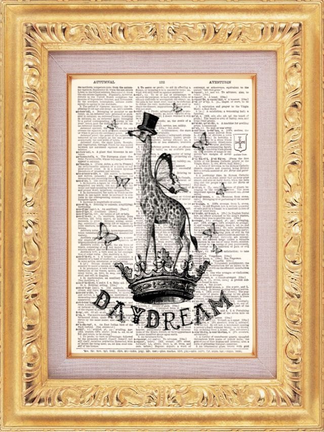Daydream Giraffe Vintage Dictionary Print Vintage Book Print Page Art Upcycled Vintage Book Art