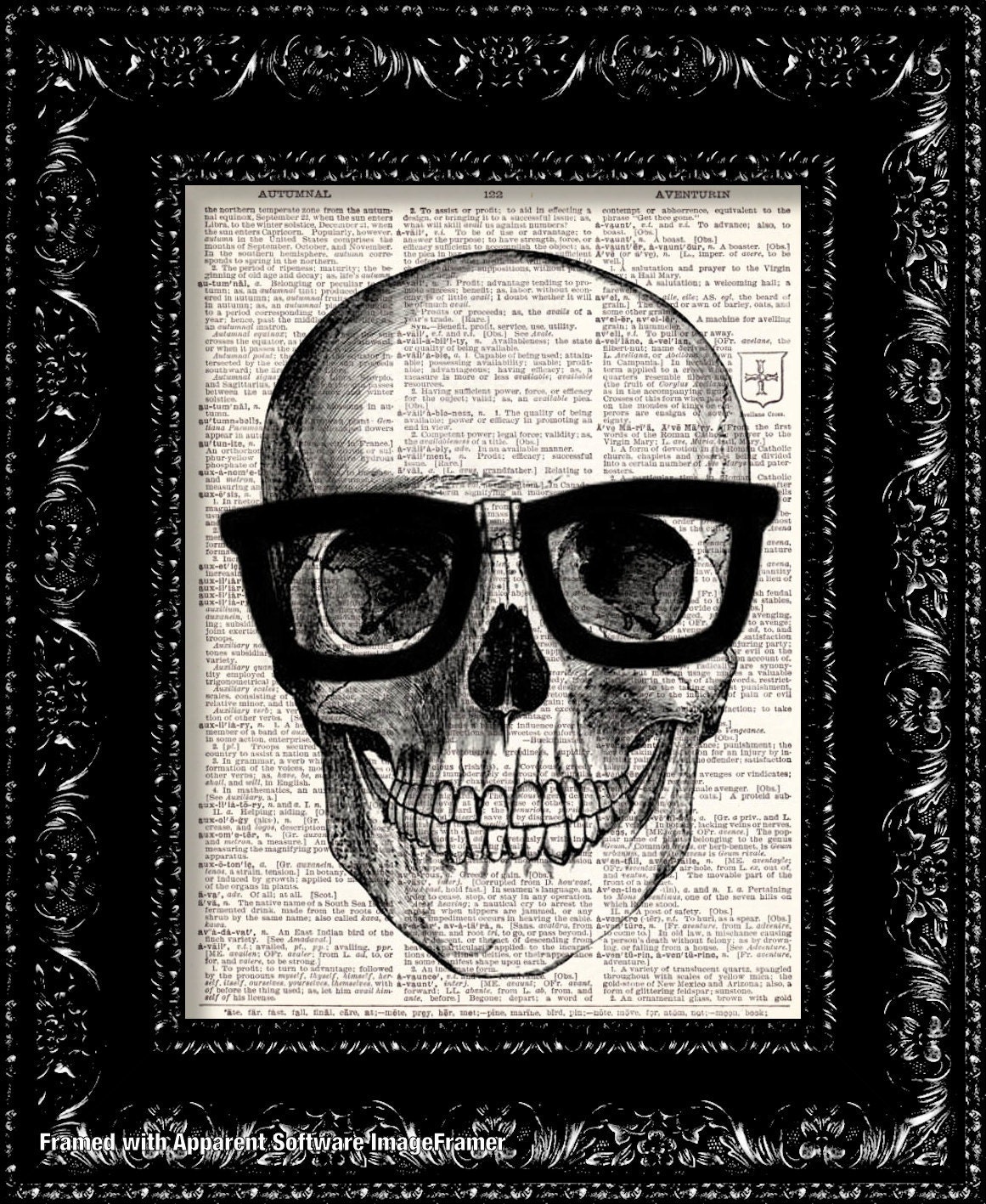 Nerd Geek Art Print - Skull In Horn Rim Glasses Vintage Dictionary Print Vintage Book Print Page Art Upcycled