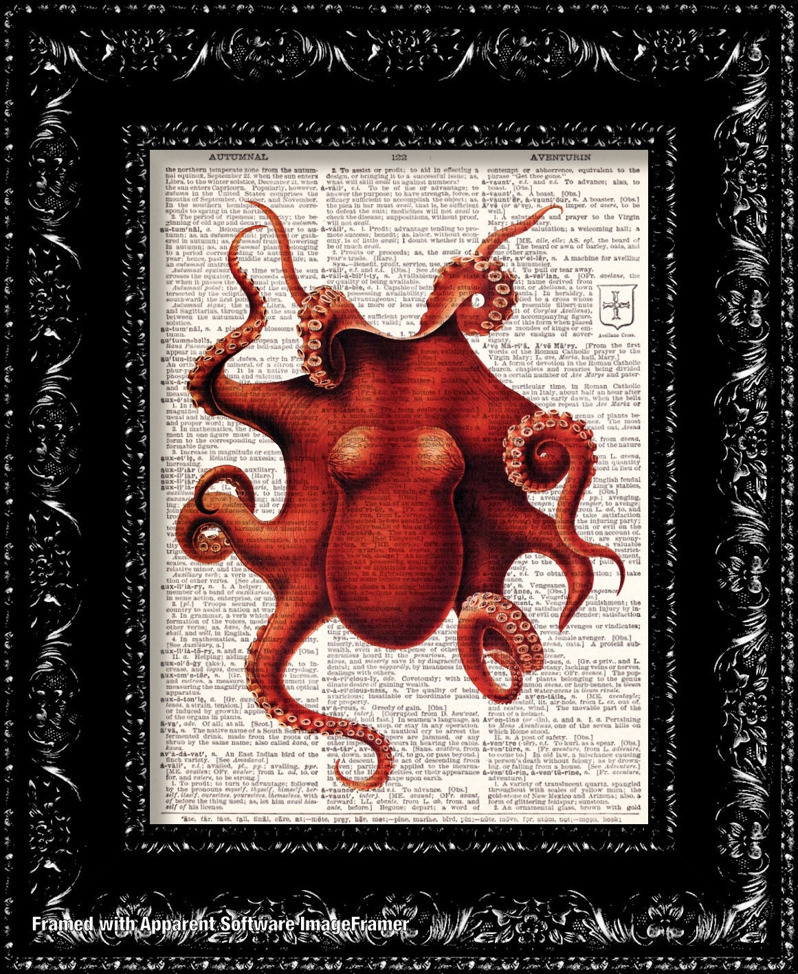 Rich Red Octopus - Vintage Dictionary Print Vintage Book Print Page Art Upcycled Vintage Book Art
