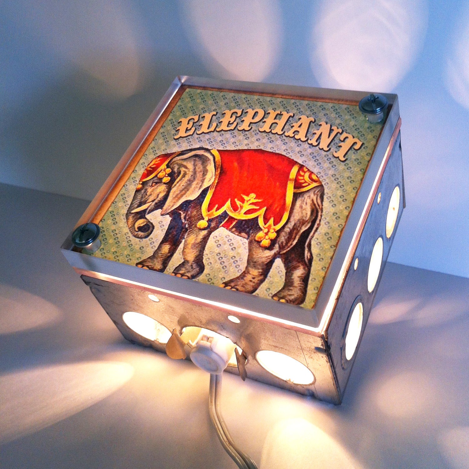 Circus Elephant - Nursery Night Light - Vintage Dictionary Print Design Repurposed Upcycled Light Box Night Lights