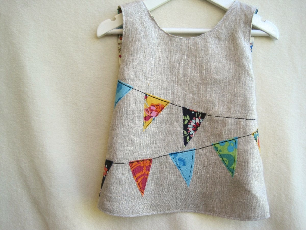 Pure Linen Pinafore. Reversible. Made to Order Size NB - 5/6. Playful, Stylish Bunting Applique with Designer Reverse.