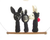 FINGER PUPPET MOBILE / Wall Hanging, Needle Felted Black and White Rabbit Family, Children's Room Decoration and Soft  Eco Friendly Toy