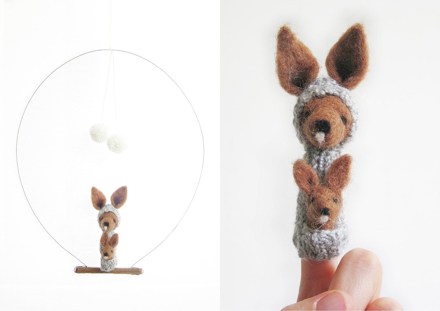 FINGER PUPPET MOBILE / Wall Hanging, Needle felted Kangaroo, Eco-Friendly Toy, home decor, children, baby, nursery, brown, gray, grey
