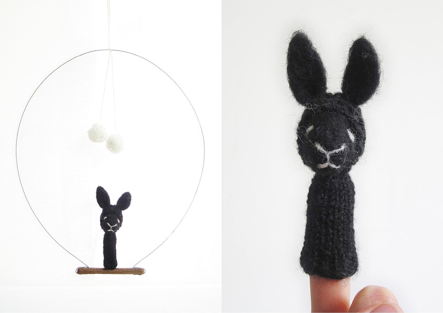 FINGER PUPPET MOBILE / Wall Hanging, Black Rabbit, needle felted eco frienfly soft toy / room decoration, baby, kids, children, nursery