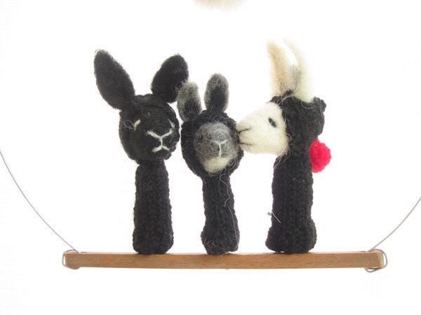 FINGER PUPPET MOBILE / Wall Hanging, Needle Felted Black and White Rabbit Family, Children's Room Decoration and Soft  Eco Friendly Toy