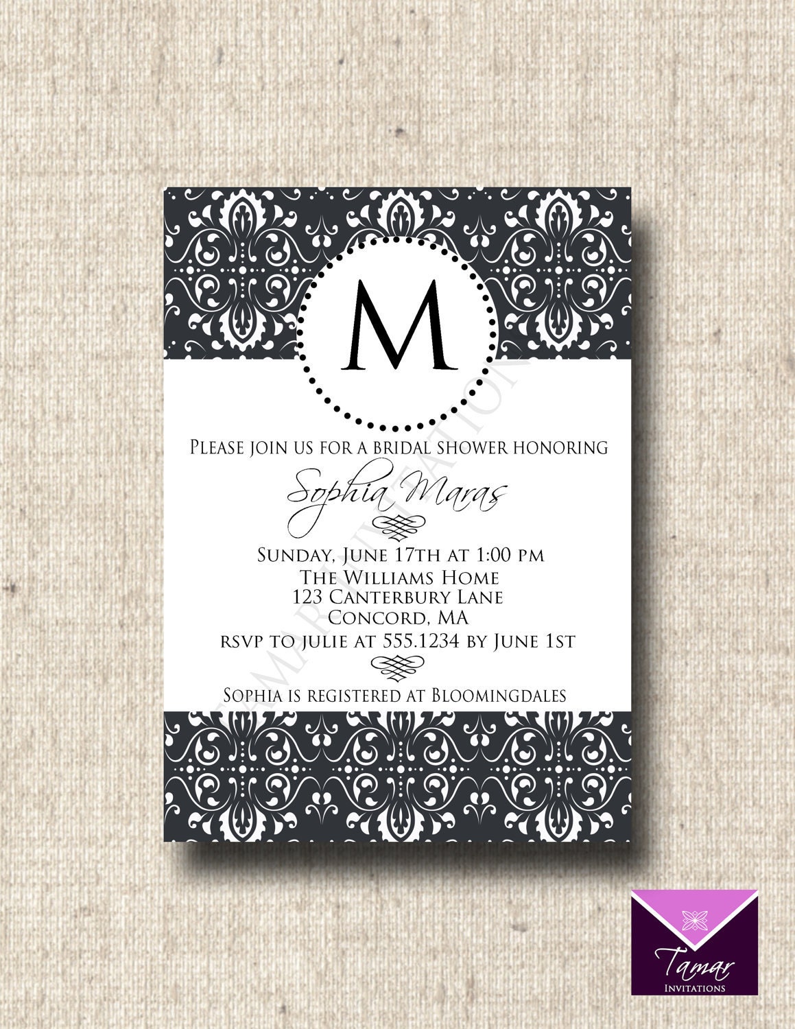 Printable Damask Bridal Shower Invitation Card with Monogram - Great for Birthdays and Baby Showers too