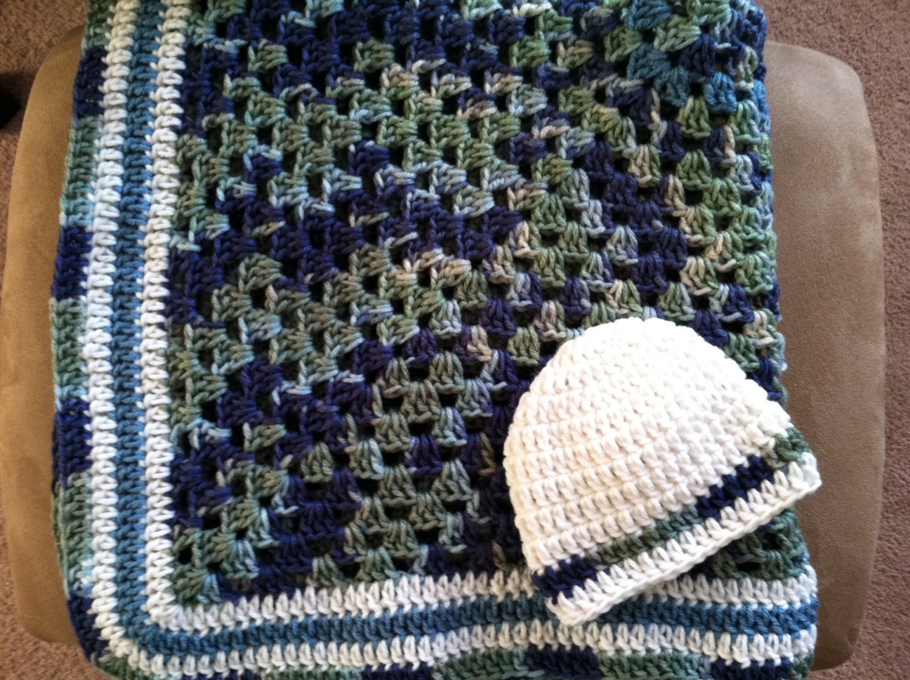 Baby Boy's Blanket and Hat - blues and green
