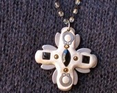 Medieval Cross in Black, White, Silver on Crystal Rosary chain- Handmade- Wearable Art by Pauletta Brooks