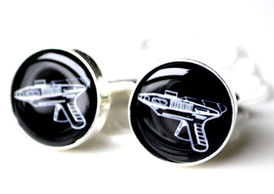 Toy Ray Gun Cufflinks 02 - Black and white keepsake gift for the groom, groomsmen, or friend - Vintage Ray Gun