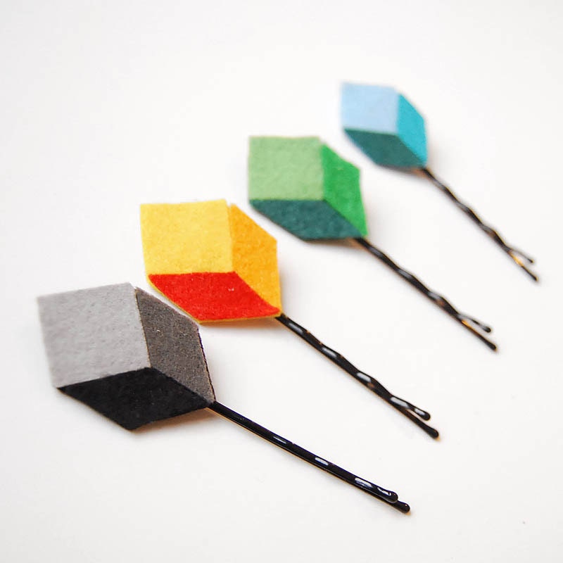 pixels bobby pins - color block clips ,geometric accessories,set of 4 ,green, blue, yellow and gray.