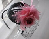 Pink Feather Flower Black Straw Fascinator Hat with Veil and Beaded Band, for weddings, parties, cocktail, evening, special occasions