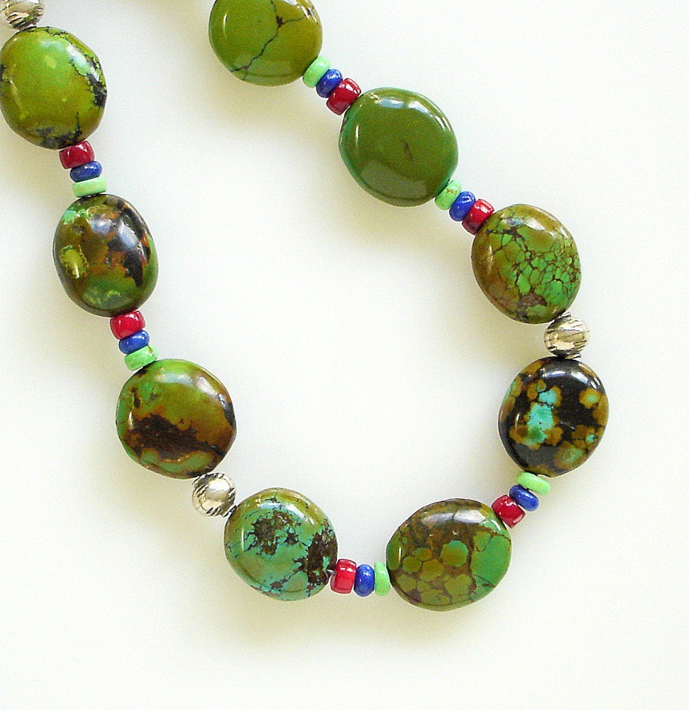 Green Turquoise Necklace, Semi Precious Gemstones, Sterling Silver, Earthy, Lapis Lazuli, Red Coral