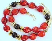 Red Coral Nuggets, Black Onyx & Gold Wafer Necklace, Bold, Chunky, Quality, One-Of-A-Kind