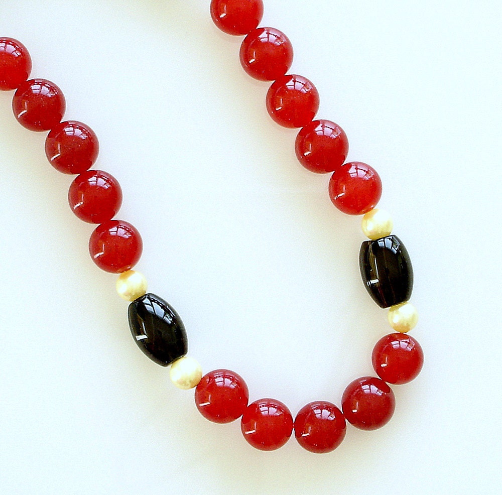 Ruby Beaded Necklace, Black Onyx, Freshwater Pearls, Semi-Precious Gemstones, 14-K Gold Filled, Elegant