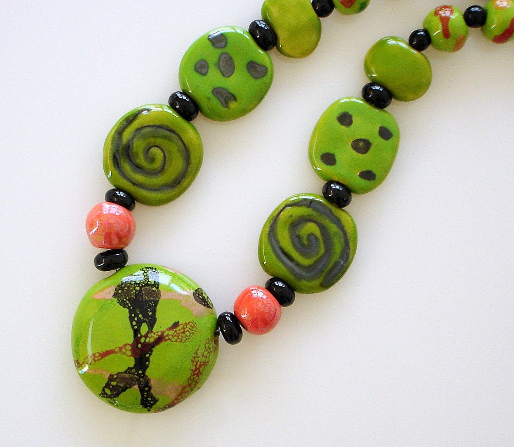 Green African Kazuri Beaded Necklace, Fair Trade, Red, Coral, Black, Onyx, Sterling Silver, Unique, One-Of-A-Kind
