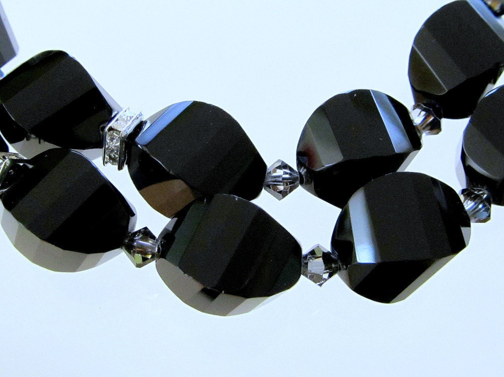 Black Onyx Swarovski Crystal Beaded Necklace, Sterling Silver, Semi-Precious Gemstones, Elegant