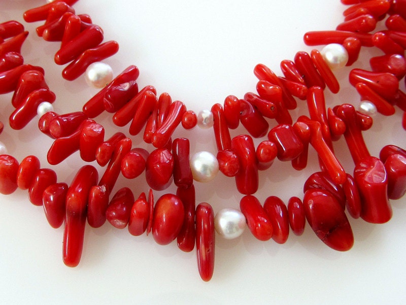 Multi Strand Red Bamboo Cupolini Coral Beaded Necklace, Fresh Water Pearls, Sterling Silver, Fringe Coral Beads
