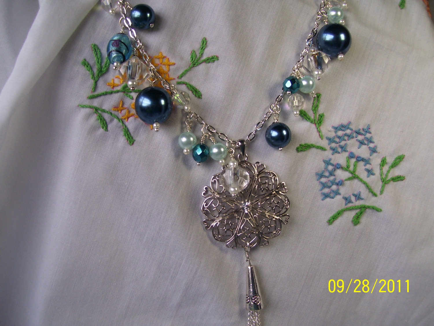 Fabulous Siver , Pearl , Teals and blues , Crystal Necklace and Earrings