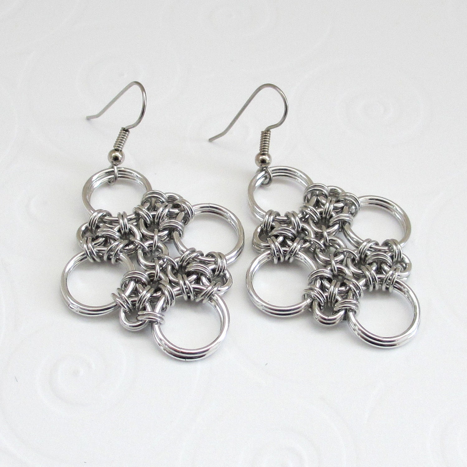 Japanese Cross chainmail earrings in silver aluminum