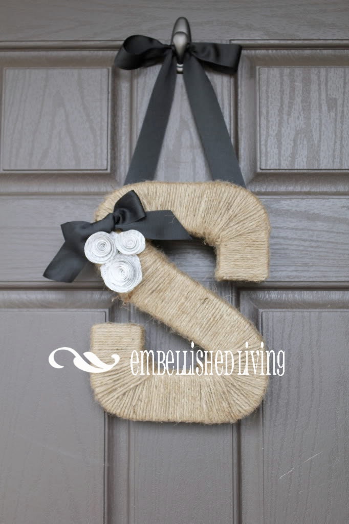 The Original Monogram Wreath seen on Pinterest.  Shabby Chic. Custom felt or book page roses.