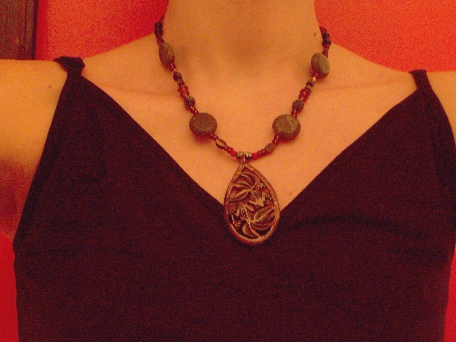 Wood fish necklace with tiger eye, and pyrite