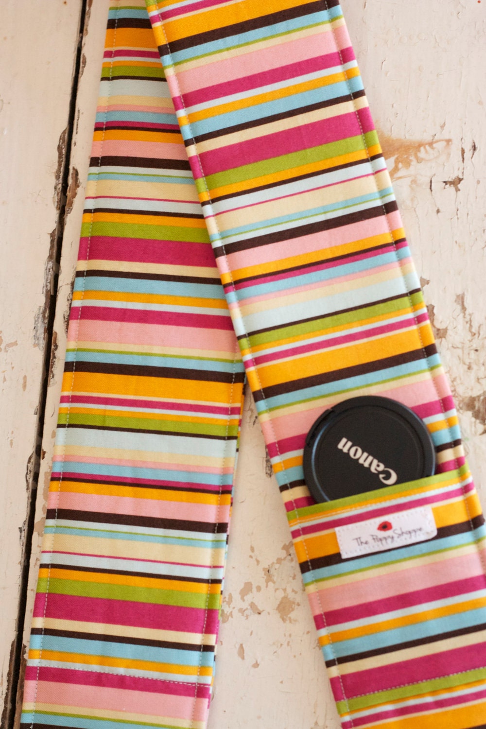 DSLR Camera Strap Cover- lens cap pocket and padding included- Colorful Striped