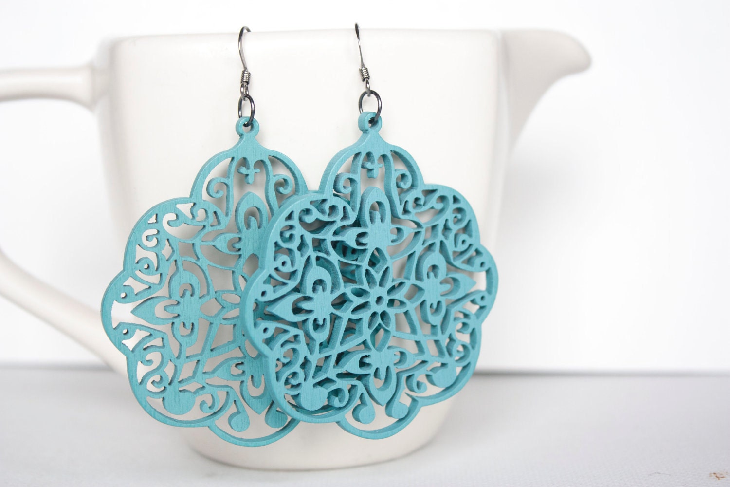 Turquoise Wooden Lace Dangles