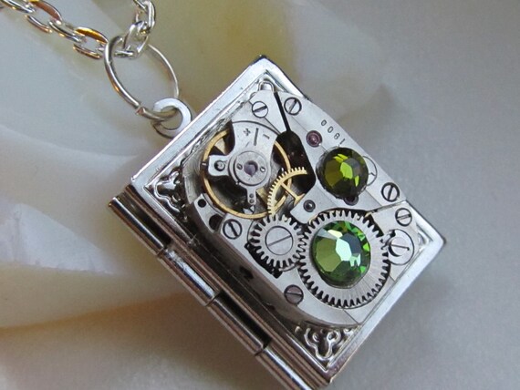 Steampunk book locket necklace - with vintage watch  movement and real Swarovski crystals