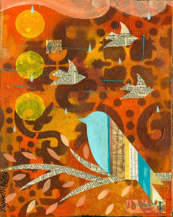 collage type impasto abstract bird rain moroccan pattern  PRINT 8x10   by Elizabeth Rosen