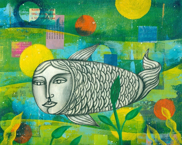 Mermaid Painting Fish Art PRINT 8x10 Ocean, Sea, type art collage   by Elizabeth Rosen