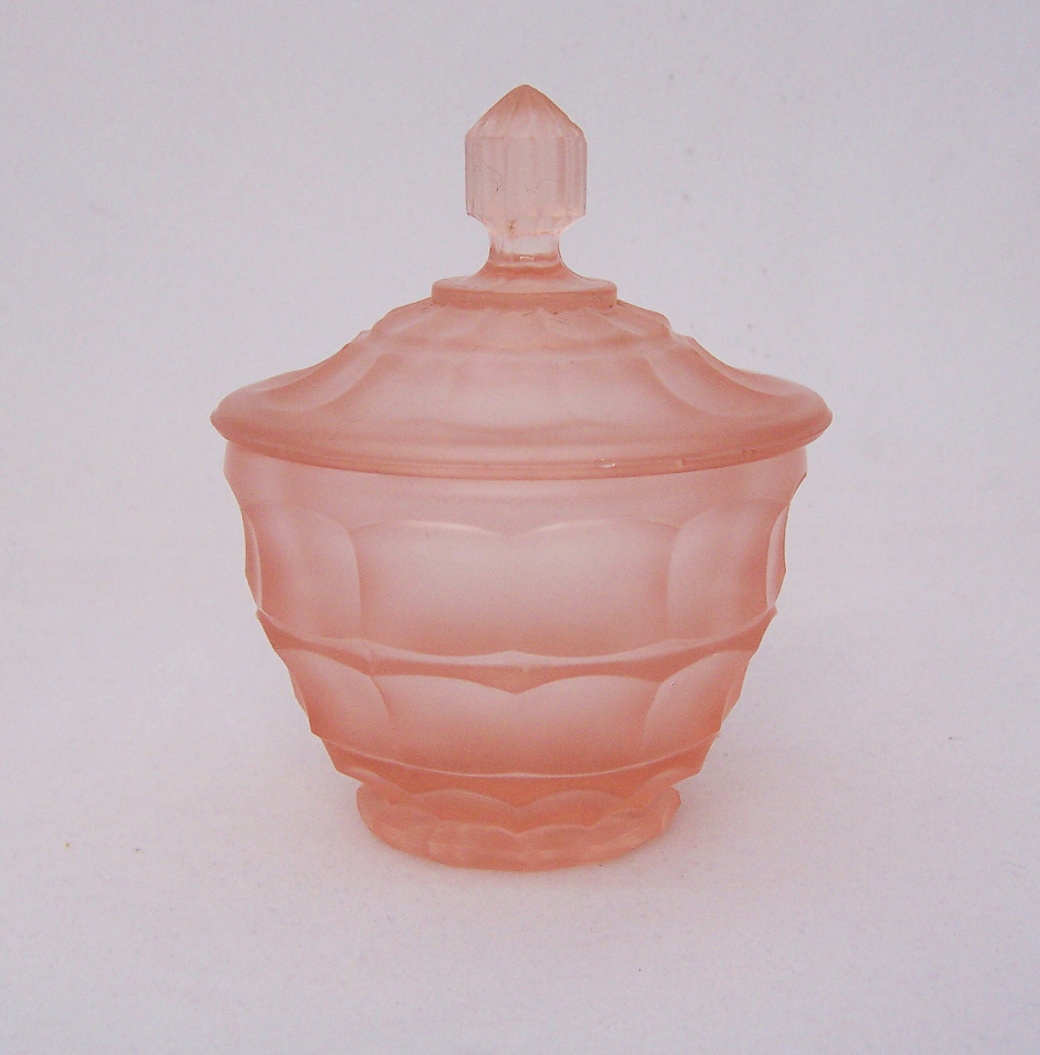 Satin Pink Glass Powder Jar, Frosted Pink Glass Bow for Dressing Table set, 1940s,1950s