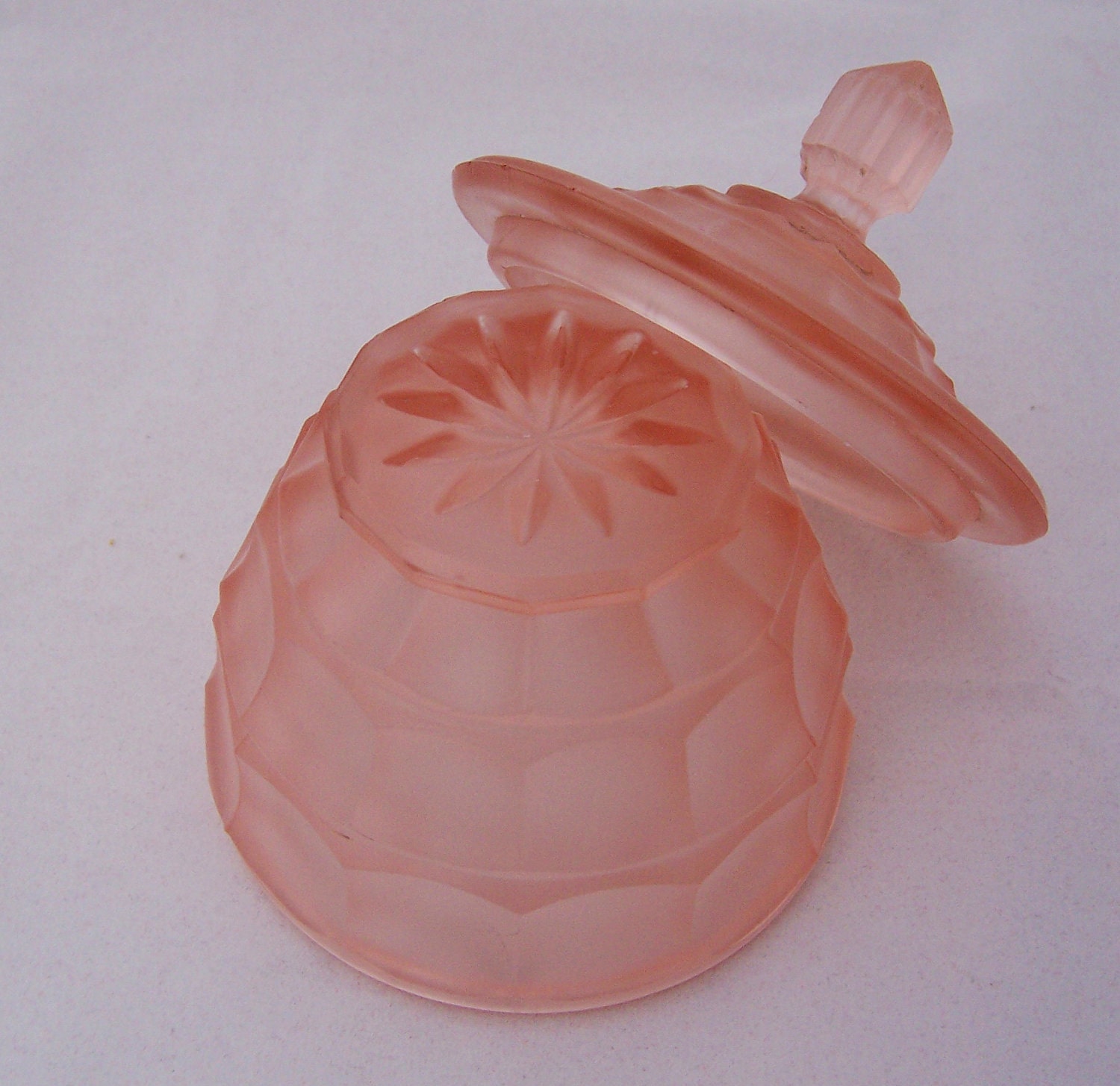 Satin Pink Glass Powder Jar, Frosted Pink Glass Bow for Dressing Table set, 1940s,1950s