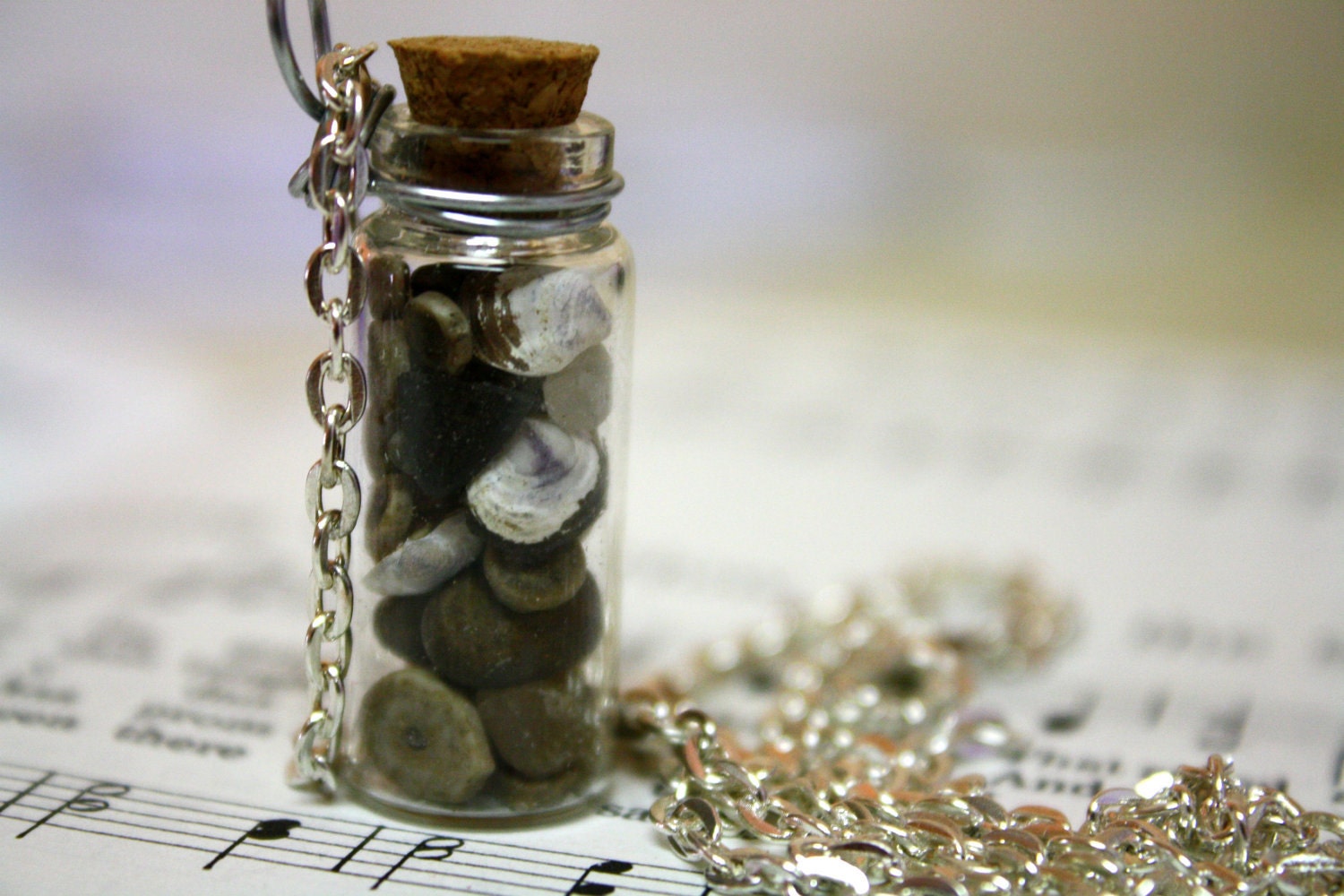 From the Stream glass vial necklace : fossilized coral, shells, and river rocks OOAK