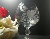 brandy glass , heart with wings and roses tattoo style - GlassGoddessNgraving