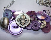 FLEUR DE LIS -Button Necklace - Vintage button necklace - Purple - Silver - French flair - New Orleans Style
