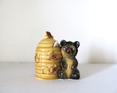 Vintage Honey Pot with Bear Handle and Mid Century Kitsch Dipping Spoon
