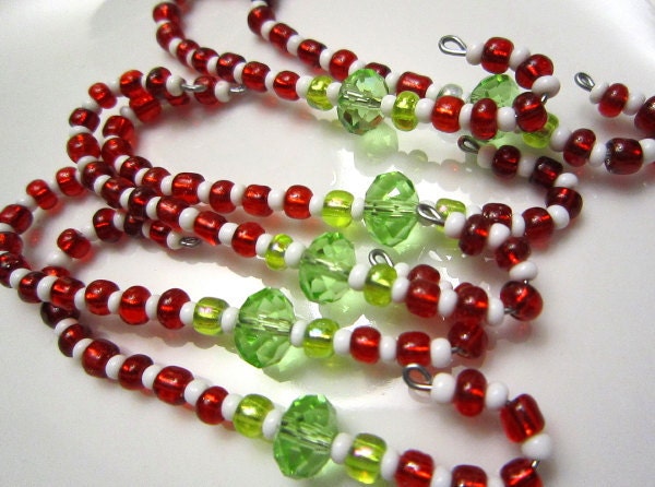 6 Beaded Ornament Hangers - Candy Cane Red & White with Green Crystal Rondelle