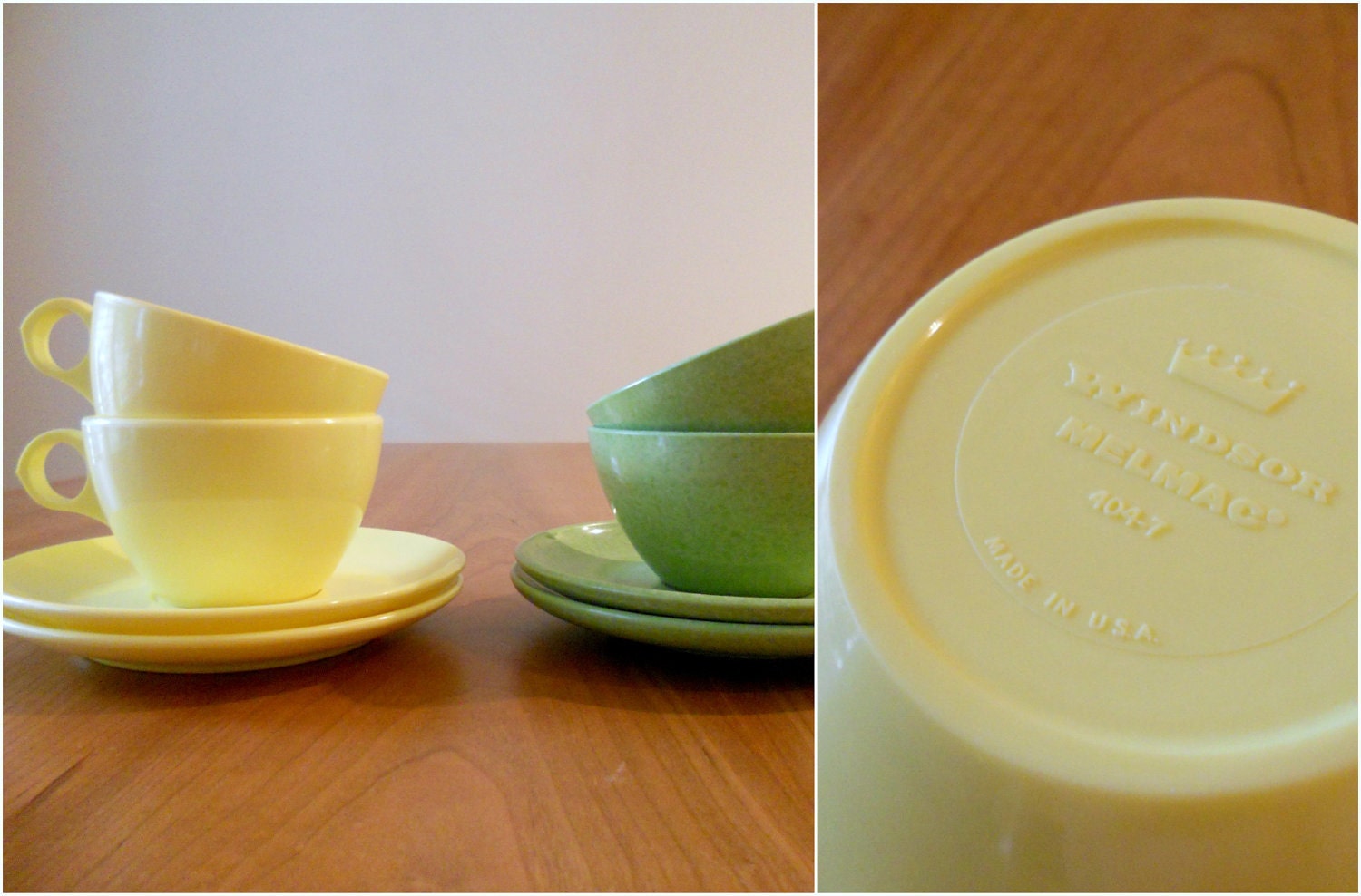 Vintage Melamine Cups and Saucers in Lime, Yellow - Instant Collection