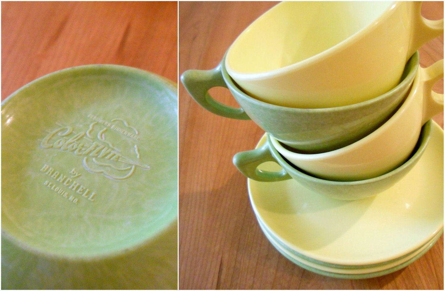 Vintage Melamine Cups and Saucers in Lime, Yellow - Instant Collection
