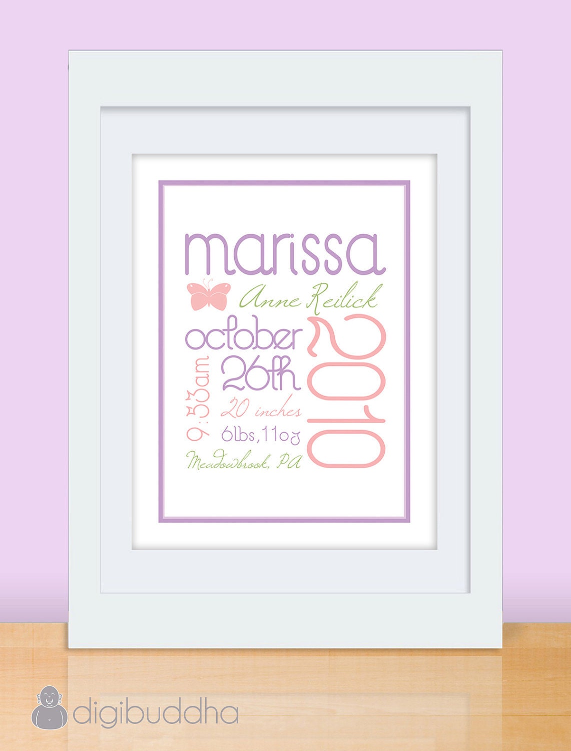 Marissa Custom Typography Birth Announcement Wall Art Print. Printable DIGITAL File Baby Girl Butterfly 8x10 Poster Artwork Lilac Pink Green